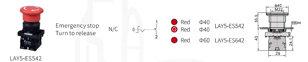 Lay5-Es542 Plastic Ring Mushroom Emergency Stop Pushbutton Switch